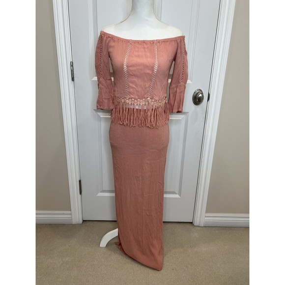 Illa Illa Sz Small Pink Bohemian cropped Crepe Fringe Top Maxi Skirt 2 Piece Set - Picture 1 of 12